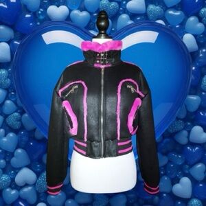 B. Coature NWT Black & Hot Pink Faux Fur Cropped Bomber Moto Jacket Size L